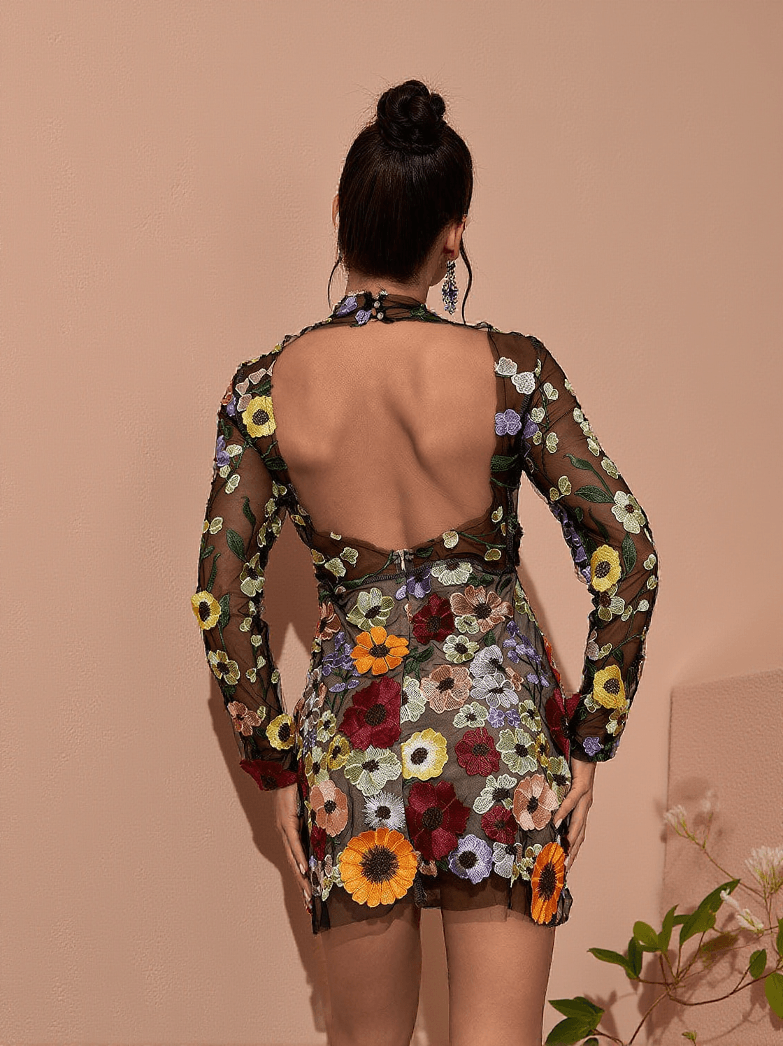 SAIGE LONG SLEEVE MESH FLOWER MINI DRESS IN BLACK