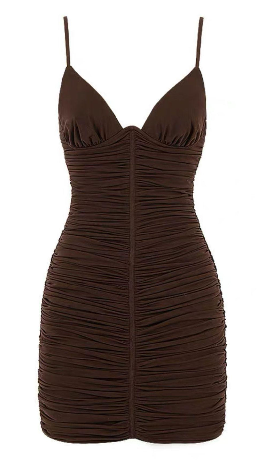 V-NECK MESH SKIRT WITH PLEATED STRAPS.