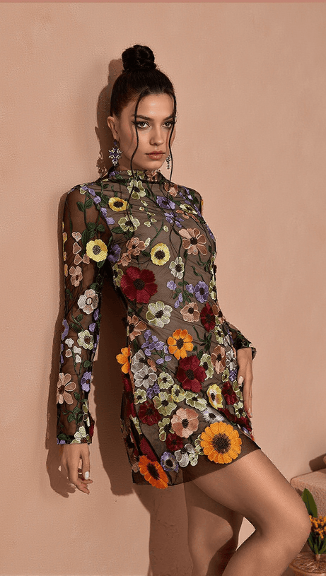 SAIGE LONG SLEEVE MESH FLOWER MINI DRESS IN BLACK