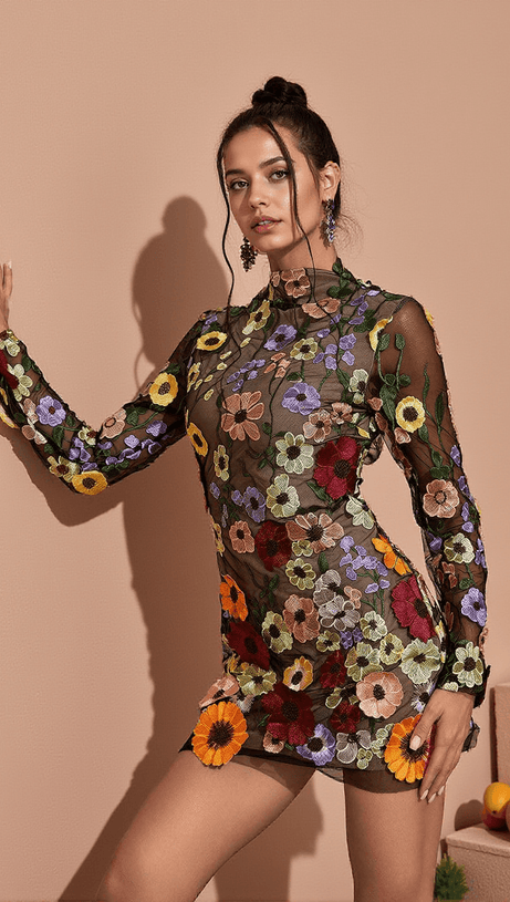 SAIGE LONG SLEEVE MESH FLOWER MINI DRESS IN BLACK