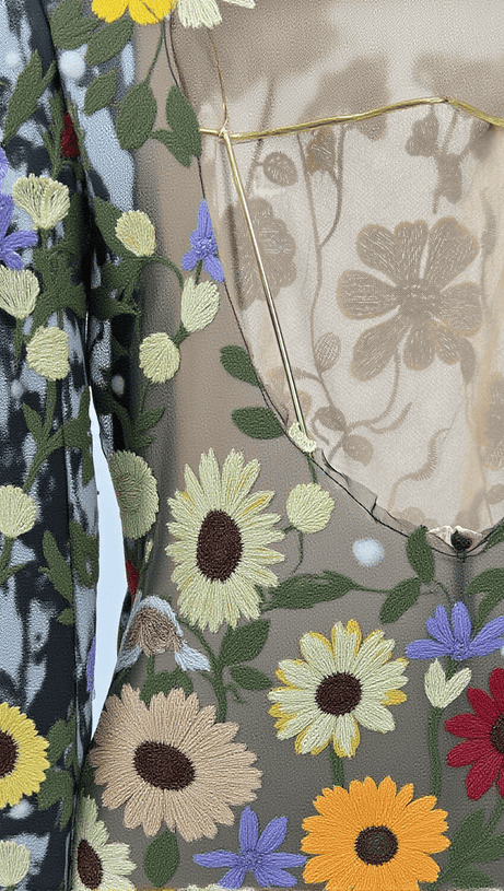 SAIGE LONG SLEEVE MESH FLOWER MINI DRESS IN BLACK