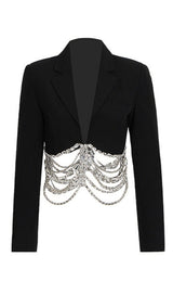 Two-piece suit with rhinestone chain