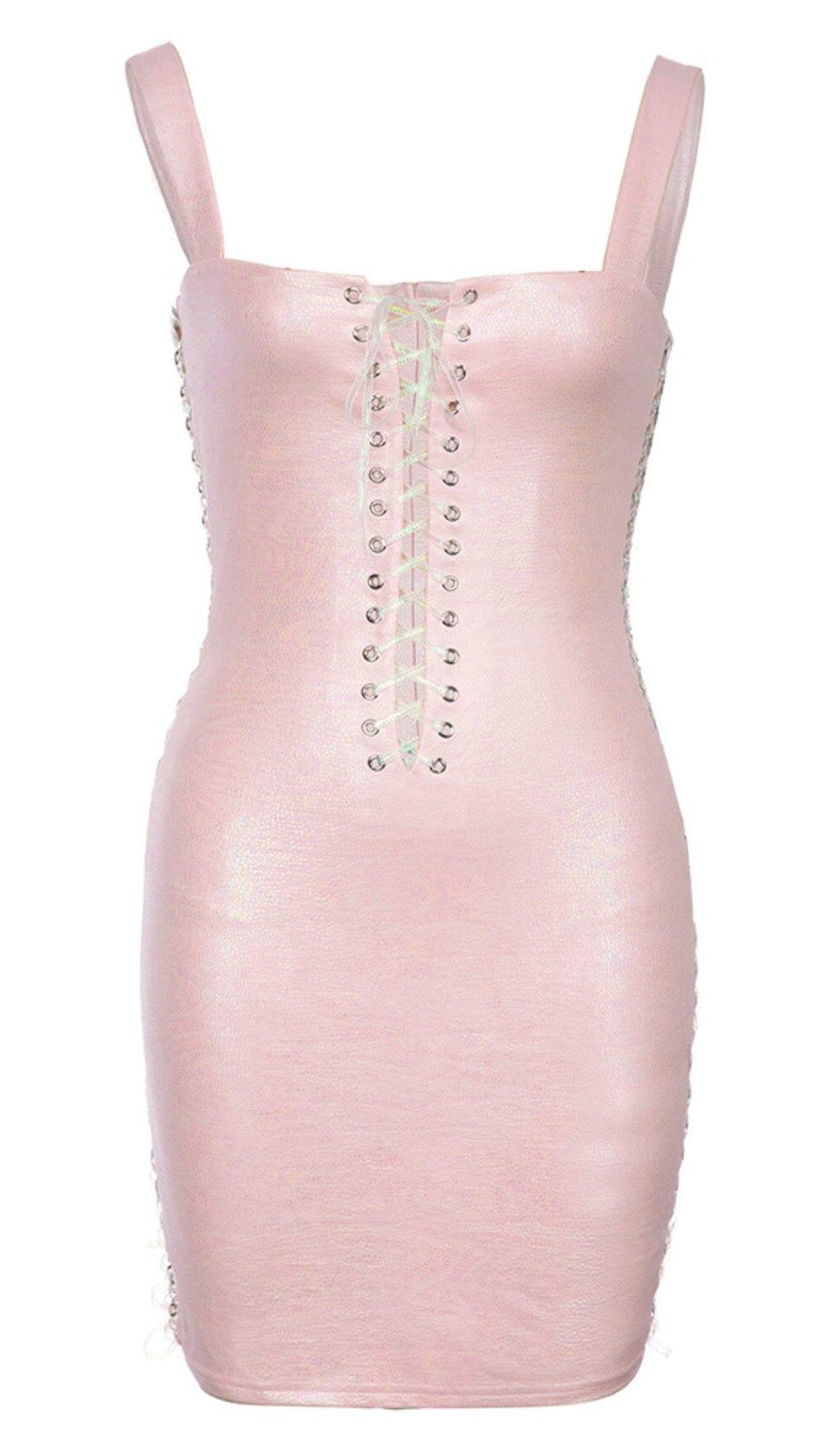 EYELET LACE UP BODYCON DRESS IN PINK