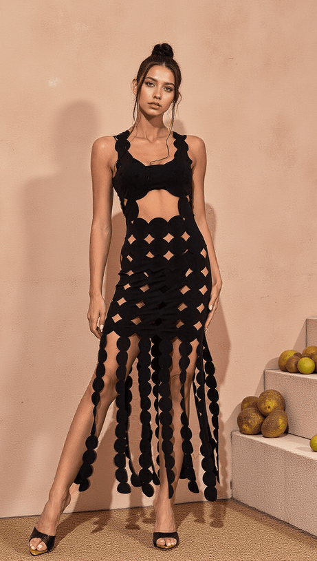 NYX CIRCLE CUTOUT FRINGE MAXI DRESS