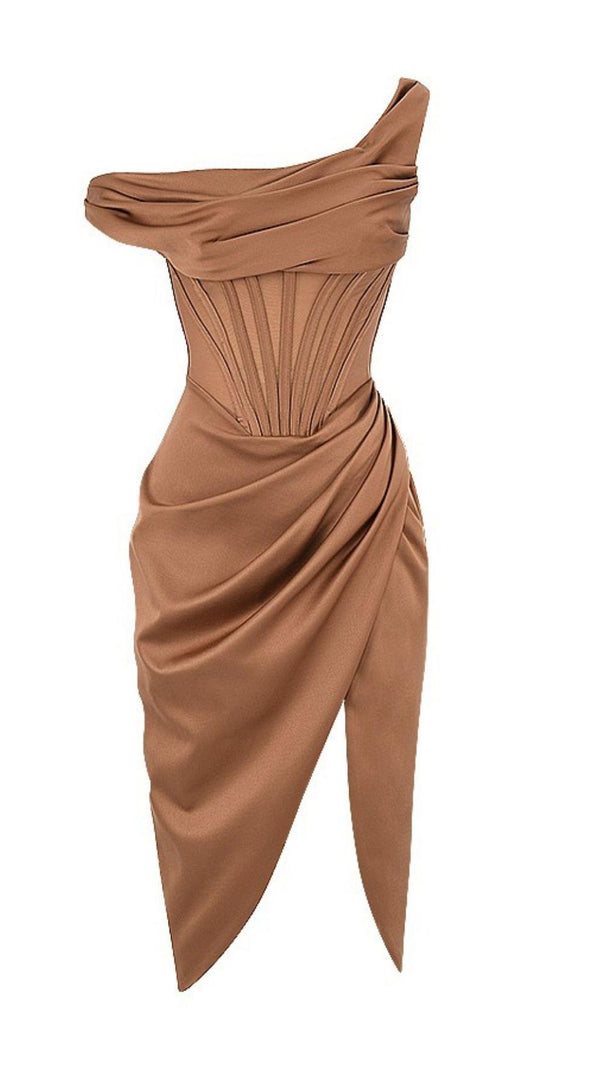 AIIZIE ASYMMETRIC DRAPE MIDI CORSET DRESS IN COFFEE - product image