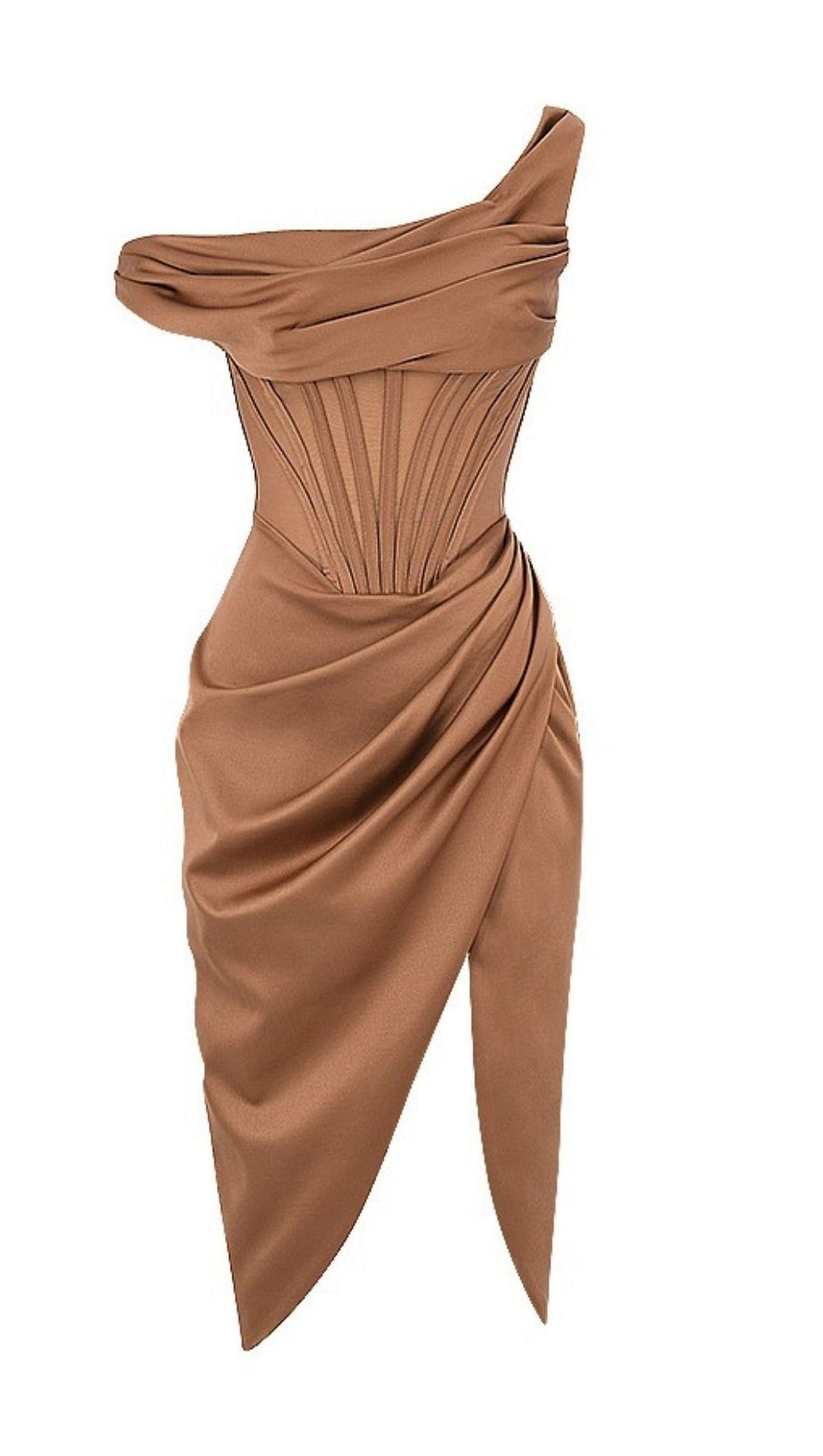 ASYMMETRIC DRAPE MIDI CORSET DRESS IN COFFEE