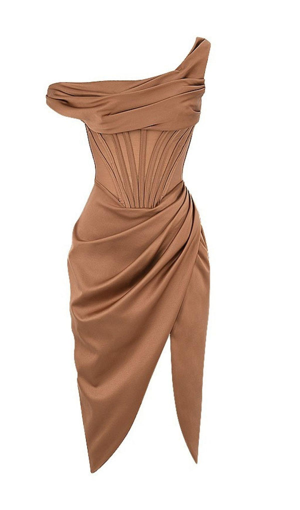 ASYMMETRIC DRAPE MIDI CORSET DRESS IN COFFEE