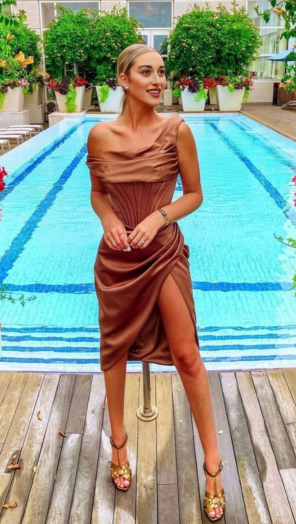 AIIZIE ASYMMETRIC DRAPE MIDI CORSET DRESS IN COFFEE - product image