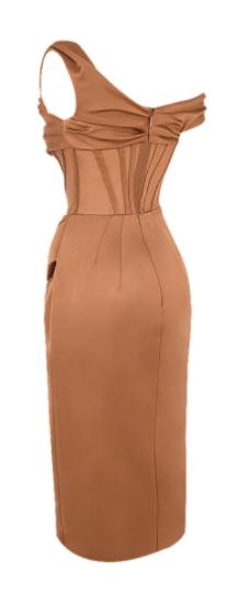 ASYMMETRISCHES DRAPIERTES MIDI-KORSETT-KLEID IN KAFFEE