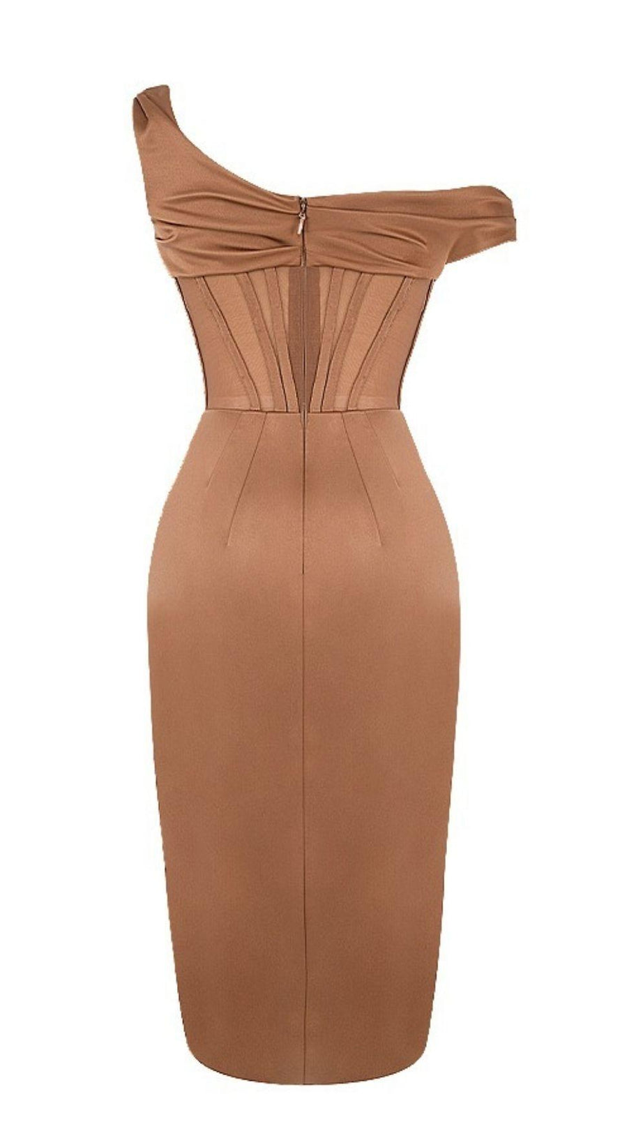 ASYMMETRISCHES DRAPIERTES MIDI-KORSETT-KLEID IN KAFFEE