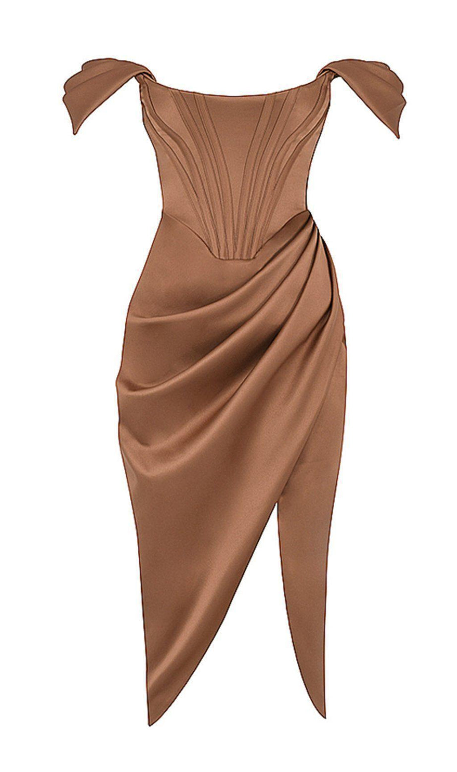 SATIN-KORSETT-MIDIKLEID IN BRAUN 