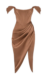 SATIN CORSET MIDI DRESS IN BROWN