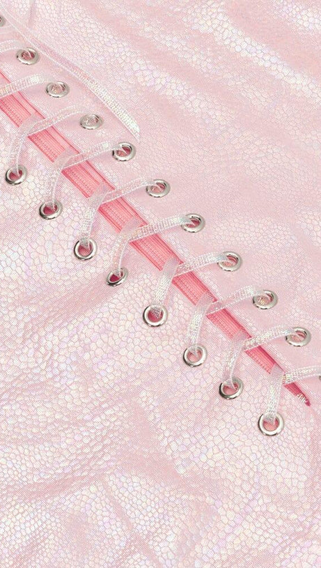 EYELET LACE UP BODYCON DRESS IN PINK