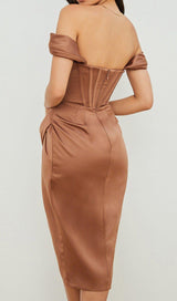 SATIN CORSET MIDI DRESS IN BROWN