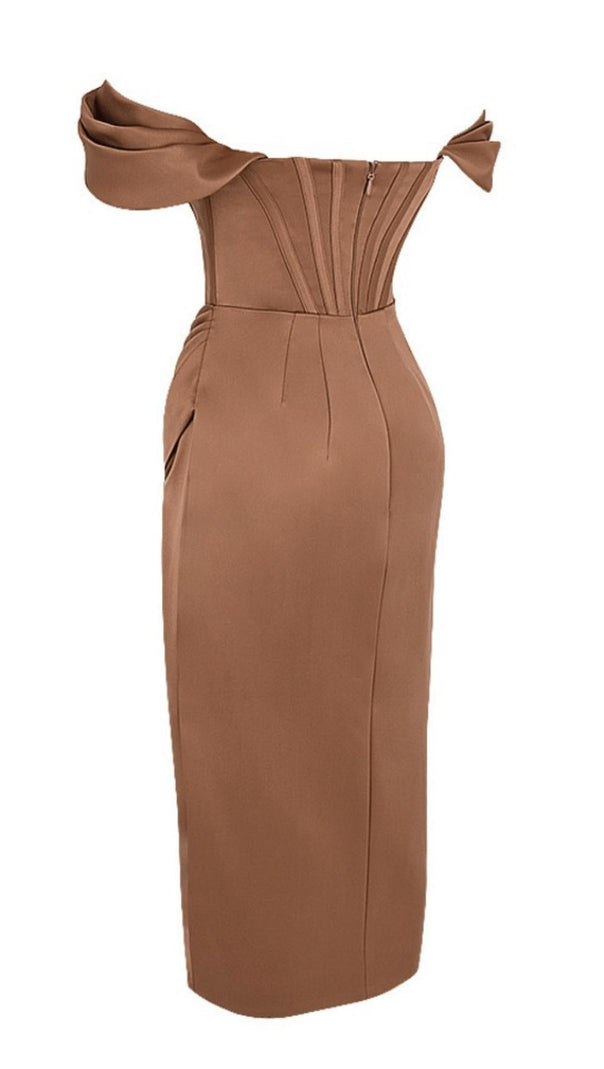 AIIZIE SATIN CORSET MIDI DRESS IN BROWN - product image