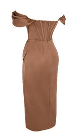 SATIN CORSET MIDI DRESS IN BROWN