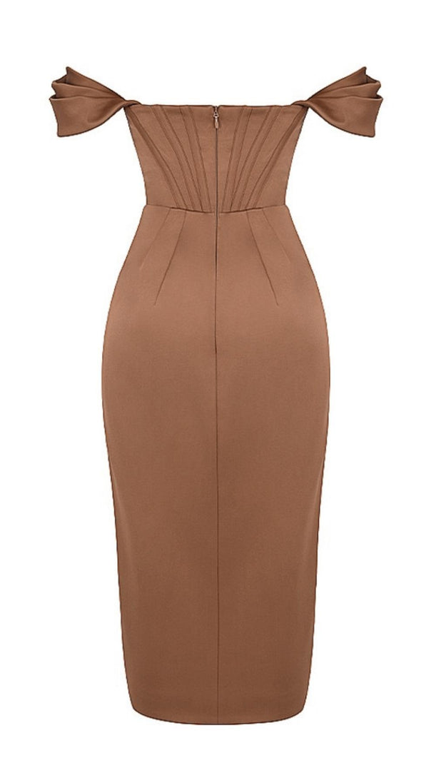 AIIZIE SATIN CORSET MIDI DRESS IN BROWN - product image
