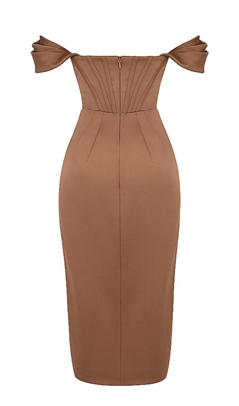 SATIN CORSET MIDI DRESS IN BROWN