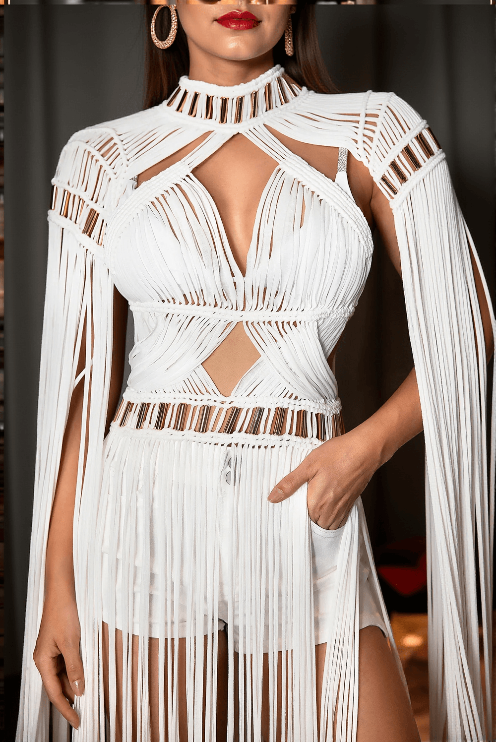 ECONOMIDE FRINGE MAXI KNIT DRESS 3 PIECE SET