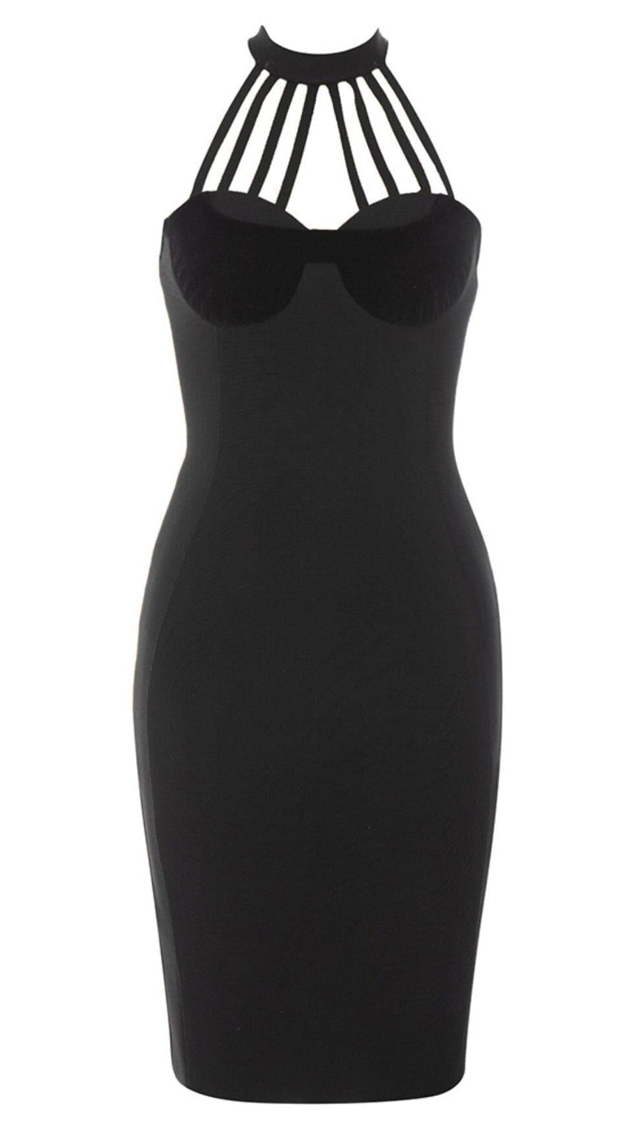 HALTER NECK BANDAGE MIDI DRESS IN BLACK