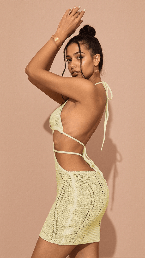 AIIZIE ROSALINDA HALTERNECK KNIT MINI DRESS IN YELLOW - product image