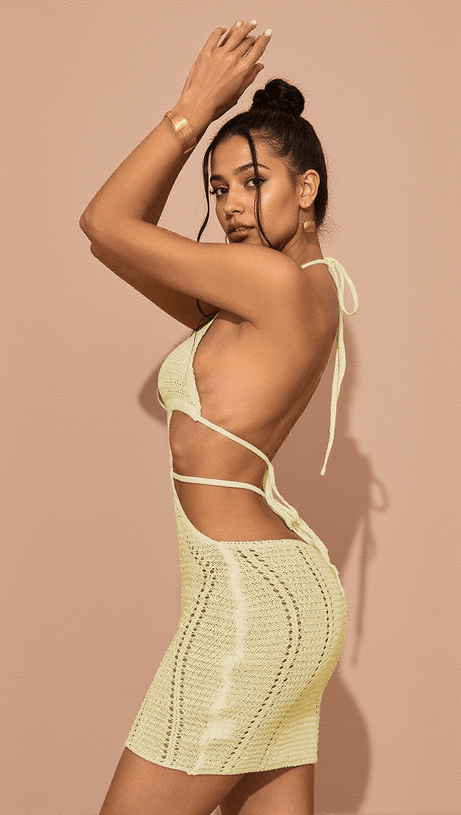 ROSALINDA HALTERNECK KNIT MINI DRESS IN YELLOW