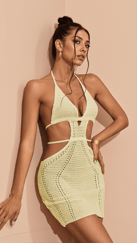 ROSALINDA HALTERNECK KNIT MINI DRESS IN YELLOW