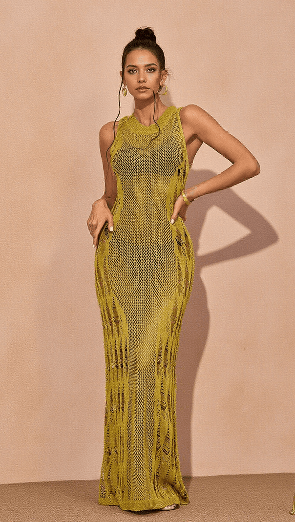AIIZIE JULIETA HOLLOW KNITTED MAXI DRESS IN GREEN - product image