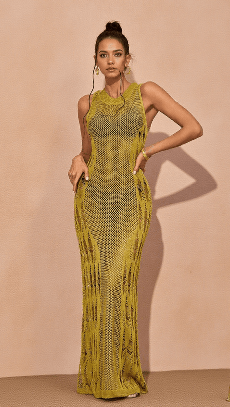 JULIETA HOLLOW KNITTED MAXI DRESS IN GREEN