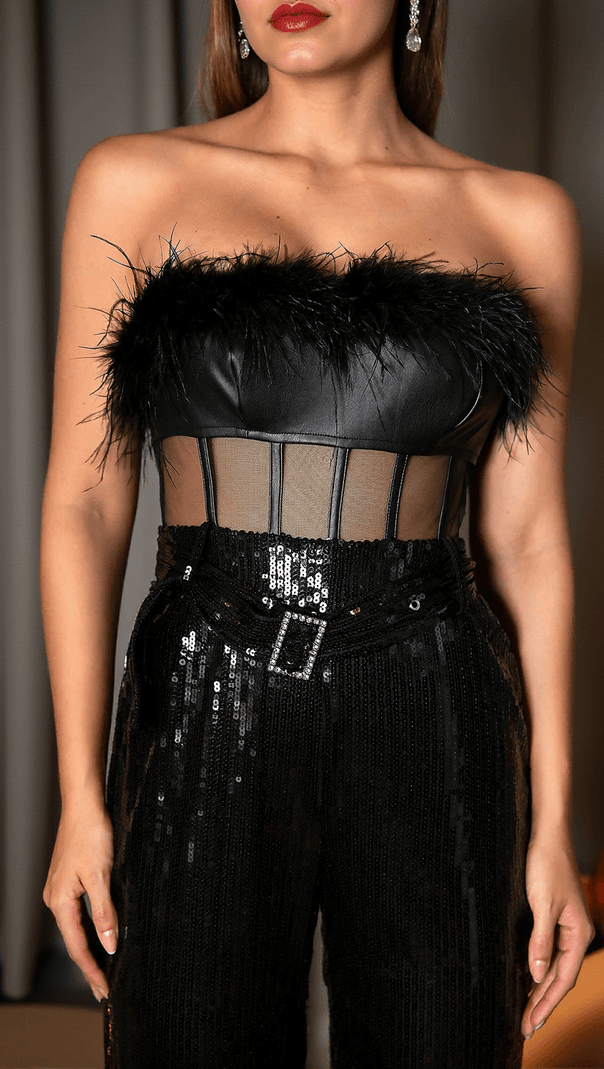 AIIZIE NATALIE BLACK FEATHER SEQUIN JUMPSUIT - product image