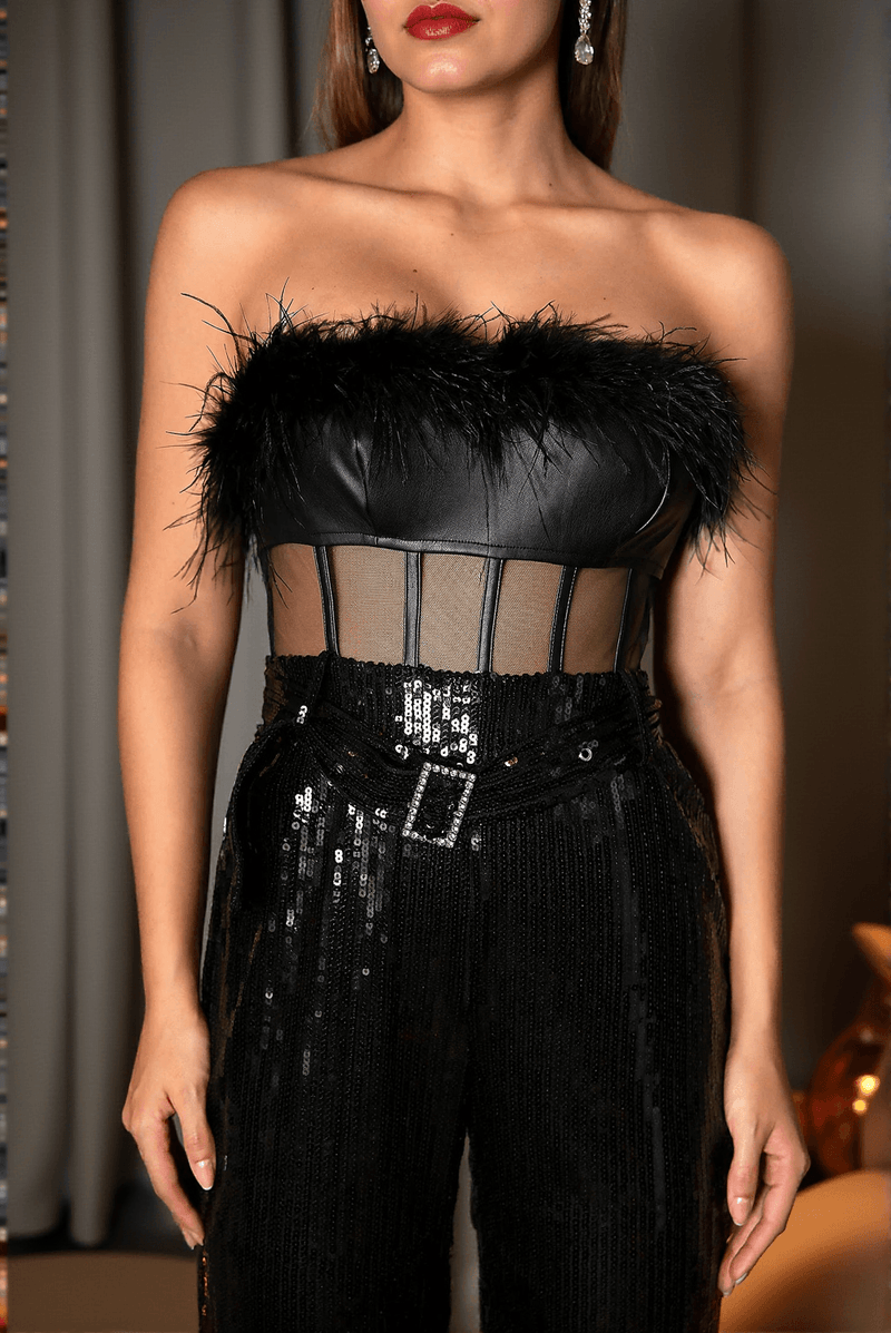 Natalie Black Feather Sequin Jumpsuit