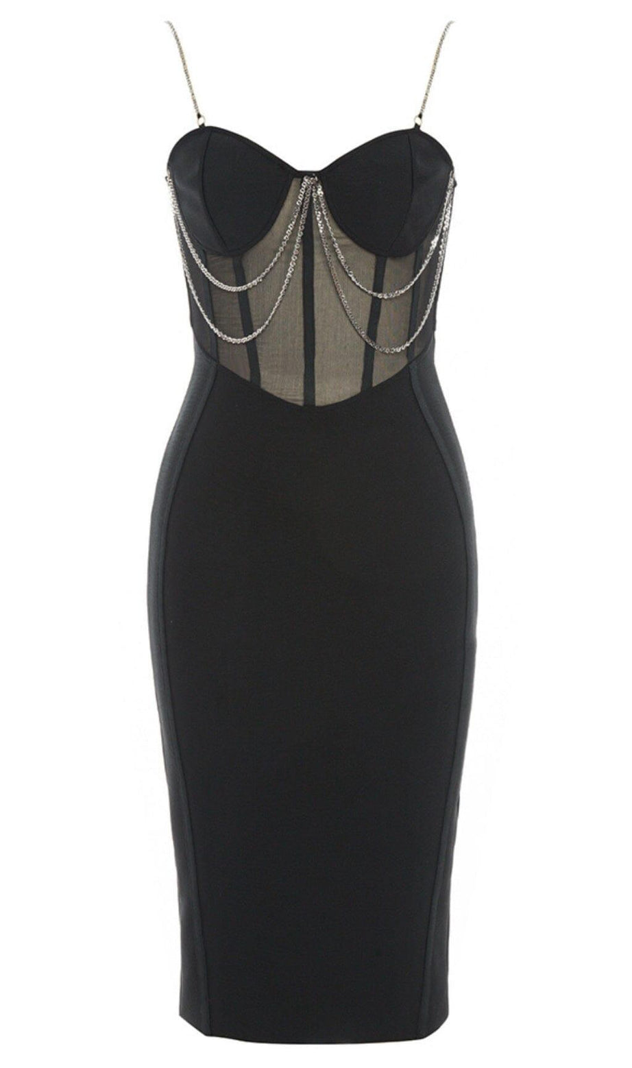 ABITO MIDI CON CORSETTO IN RETE CON SPALLINE NERO