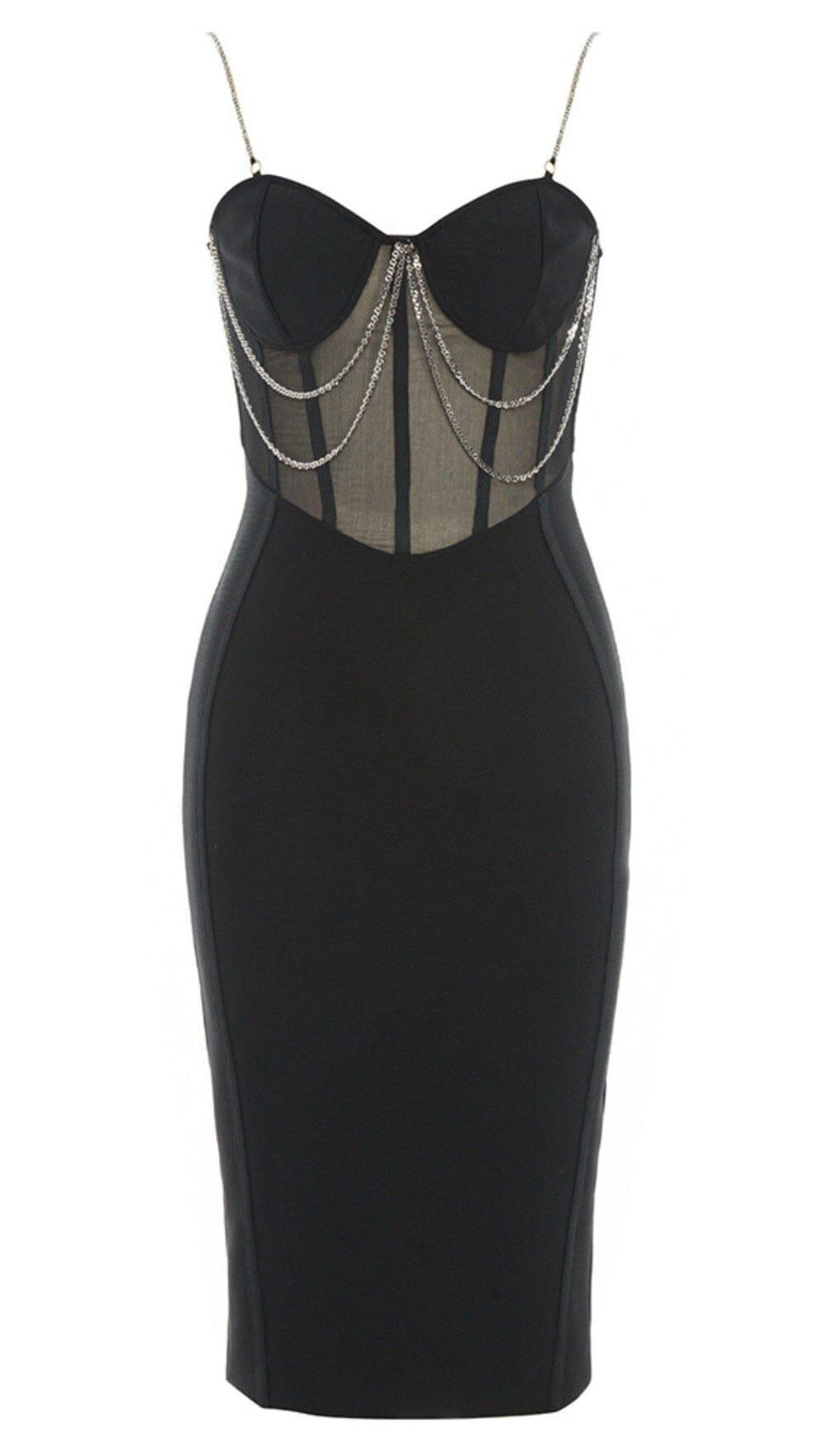 STRAPPY MESH CORSET MIDI DRESS IN BLACK