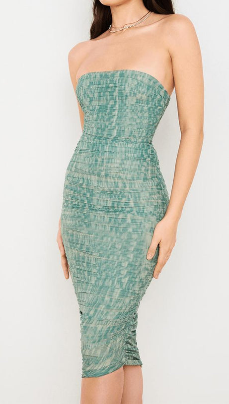 STRAPLESS RUCHED MIDI DRESS IN GREEN