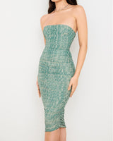 STRAPLESS RUCHED MIDI DRESS IN GREEN