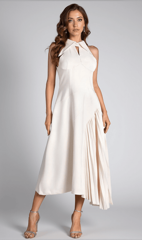 Debby White Halter Neck Pleated Semi Formal Dress