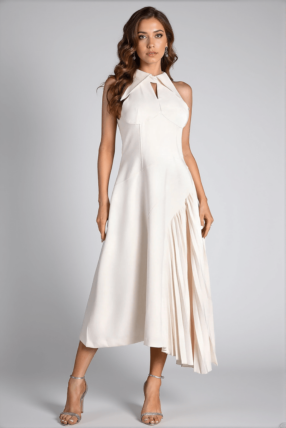 DEBBY WHITE HALTER NECK PLEATED SEMI FORMAL DRESS