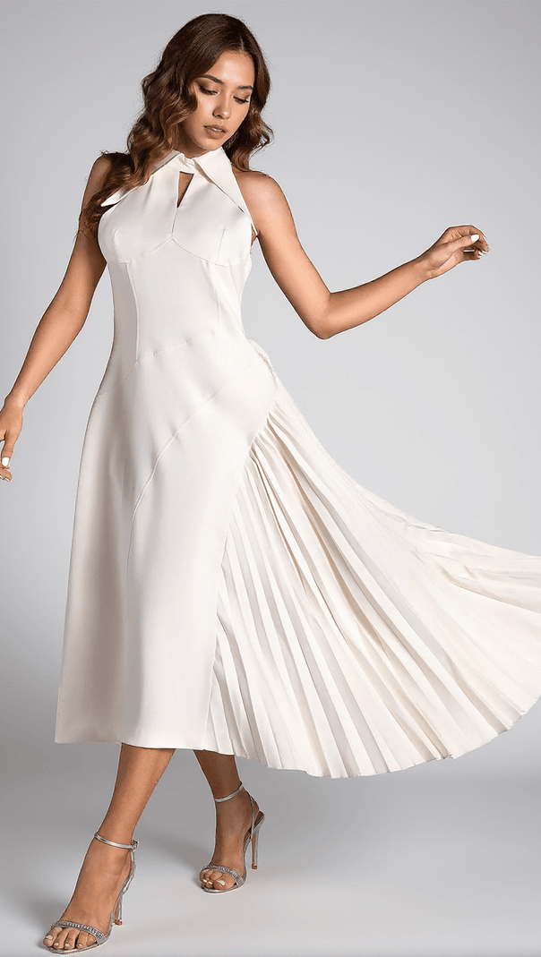AIIZIE DEBBY WHITE HALTER NECK PLEATED SEMI FORMAL DRESS - product image