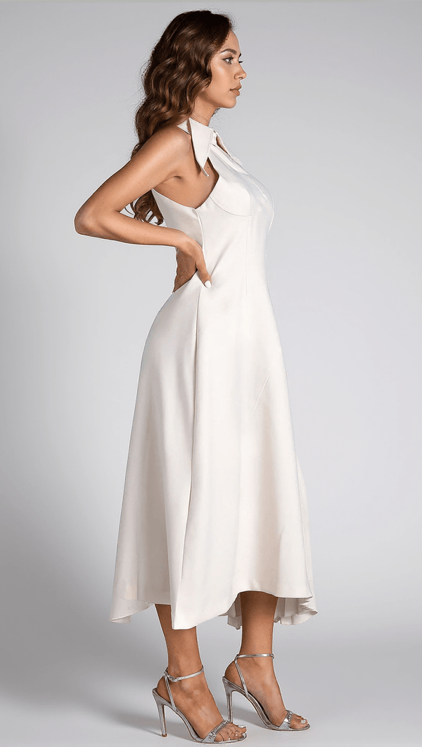 AIIZIE DEBBY WHITE HALTER NECK PLEATED SEMI FORMAL DRESS - product image