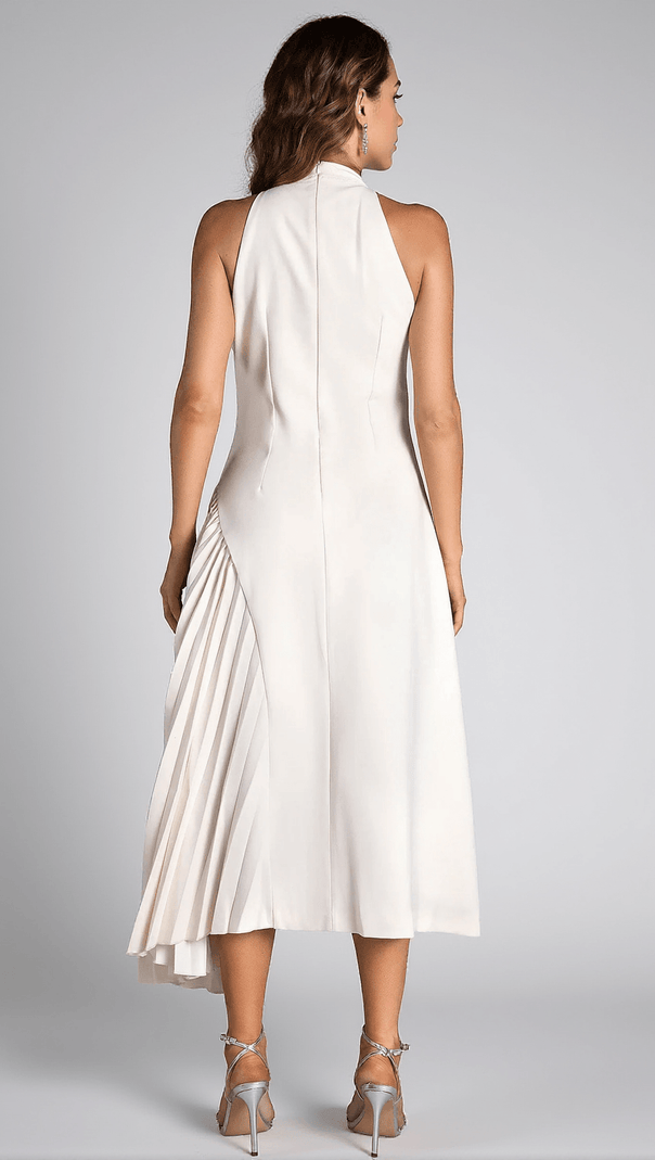 AIIZIE DEBBY WHITE HALTER NECK PLEATED SEMI FORMAL DRESS - product image