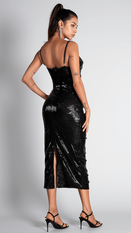 IFIGENEIA PEARL SEQUIN CUT OUT MIDI DRESS