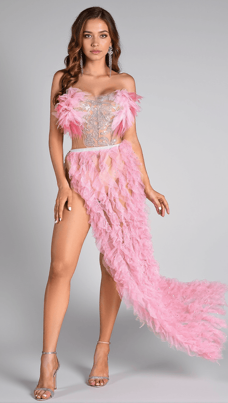 EFTYCHIA PINK FEATHER HIGH SLIT BACKLESS DRESS