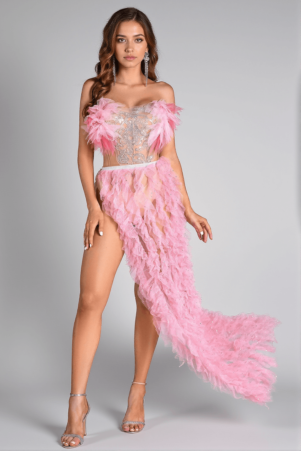 EFTYCHIA PINK FEATHER HIGH SLIT BACKLESS DRESS