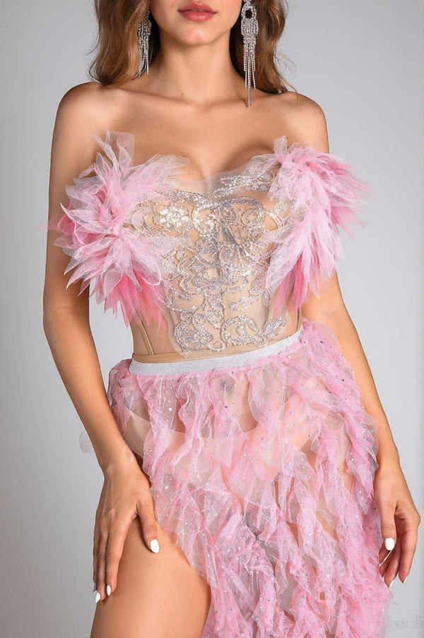 Eftychia Pink Feather High Slit Backless Dress