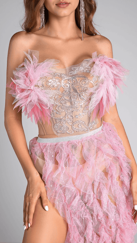 EFTYCHIA PINK FEATHER HIGH SLIT BACKLESS DRESS