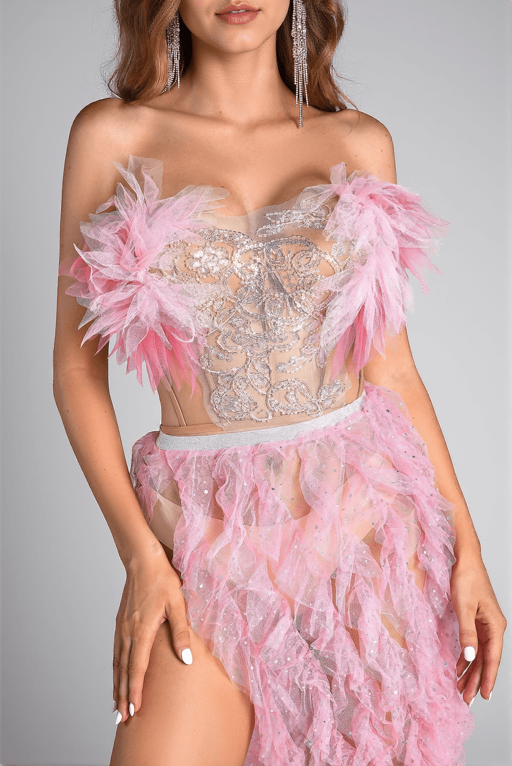 EFTYCHIA PINK FEATHER HIGH SLIT BACKLESS DRESS