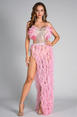 Eftychia Pink Feather High Slit Backless Dress