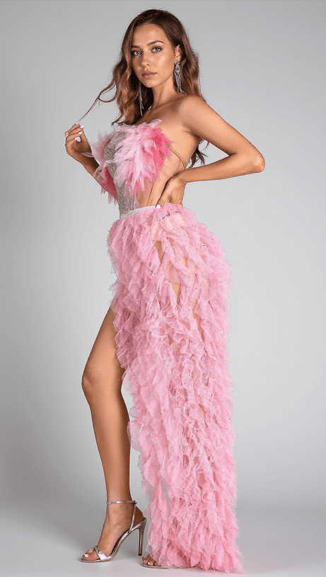 EFTYCHIA PINK FEATHER HIGH SLIT BACKLESS DRESS