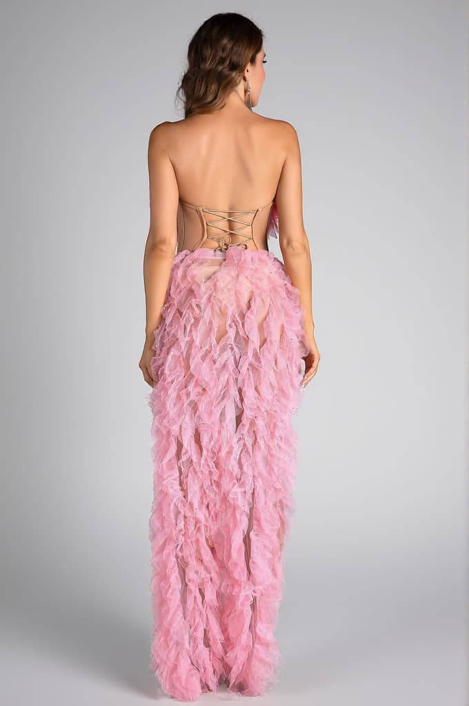 Eftychia Pink Feather High Slit Backless Dress