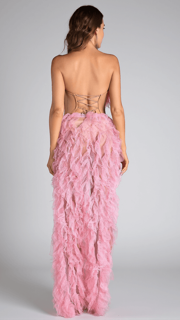 AIIZIE EFTYCHIA PINK FEATHER HIGH SLIT BACKLESS DRESS - product image